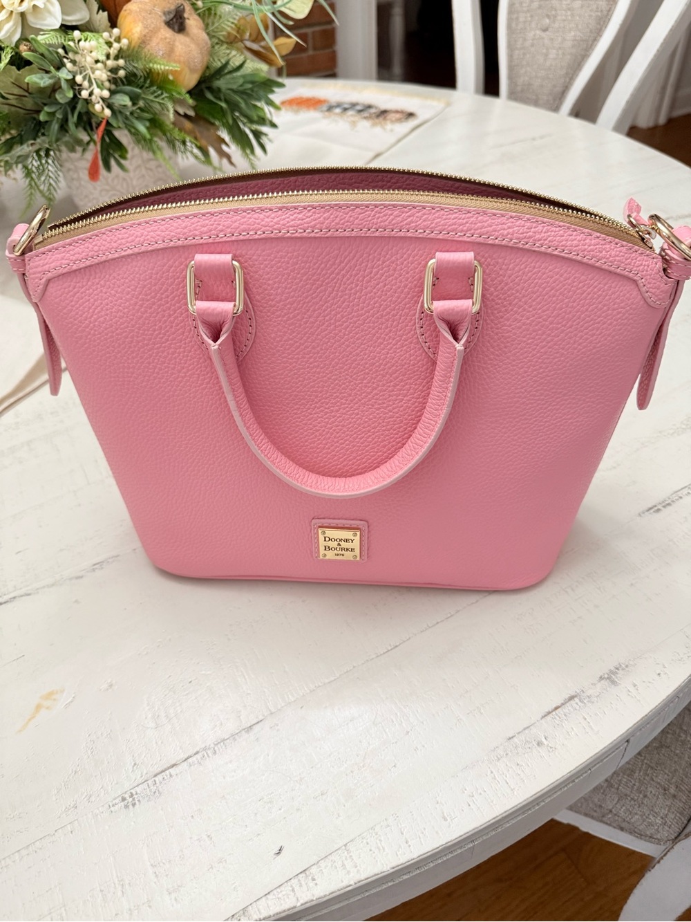 Dooney & Bourke Pink Pebble Leather Dome Satchel with Gold Hardware